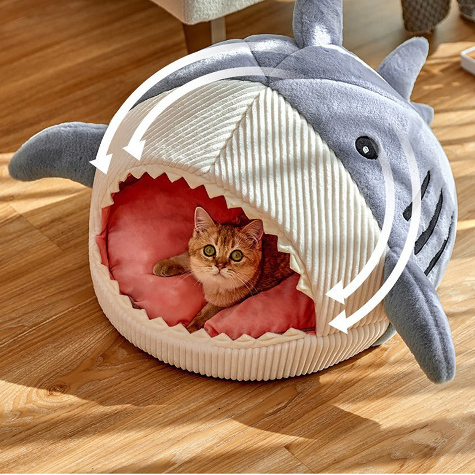 Cozy Shark Pet Nest – Semi-Closed Bed for Cats &amp; Small Dogs