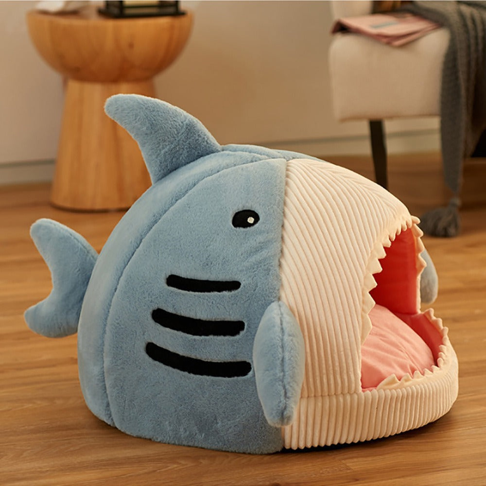 Cozy Shark Pet Nest – Semi-Closed Bed for Cats &amp; Small Dogs
