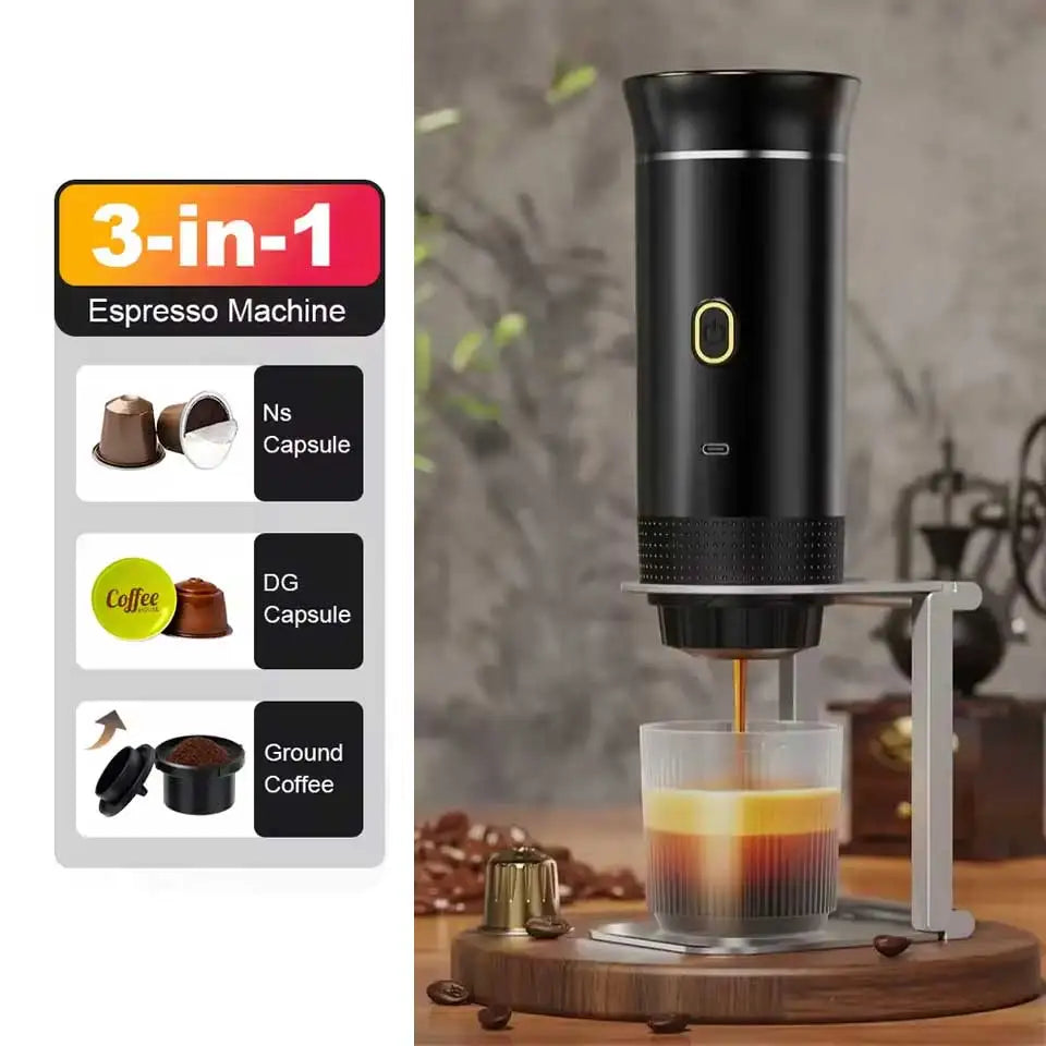 Travel Coffee Maker Wireless Electric Portable Espresso Coffee Machine for Car & Home Camping Coffee Maker 3-in-1 Capsule Powder