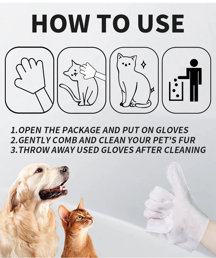 Pet disposable gloves, bathing and cleaning for cats and dogs, dry cleaning, wet wipes, and gloves.
