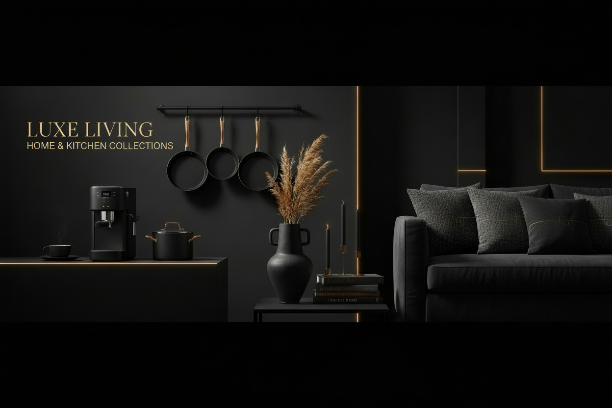 generate a banner or Shopify Store with Niche of home decor and kitchen appliances it should 4k hd quality banner and with dark colours